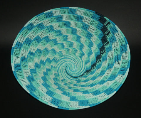African Telephone Wire Bowl Swirl Basket Blue Turquoise- 15"D X 45"C X 4"H - Cultures International From Africa To Your Home African Telephone Wire Bowl Swirl Basket Blue Turquoise- 15"D X 45"C X 4"H