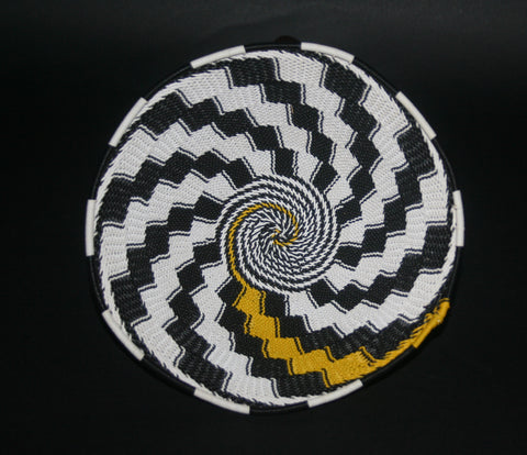 African Telephone Wire Bowl Zulu Basket White Black Yellow Swirl - 7.75" D X 3.75" H - Cultures International From Africa To Your Home African Telephone Wire Bowl Zulu Basket White Black Yellow Swirl - 7.75" D X 3.75" H