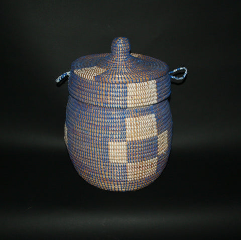 African Basket Lidded Blue White Natural Senegal Hand woven Grass and Plastic