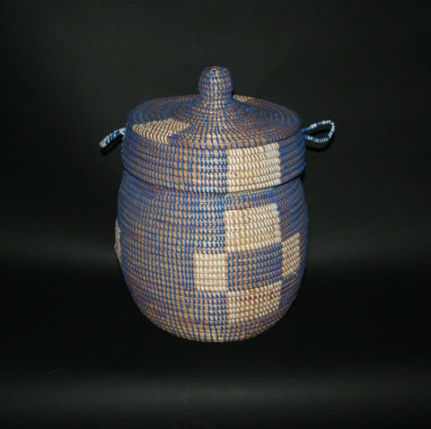 African Basket Lidded Blue White Natural Senegal Hand woven Grass and Plastic - Cultures International From Africa To Your Home