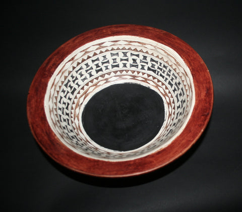African Clay Bowl Tribal Design Pottery Large - Tribal Design  5.5"H X 13"D