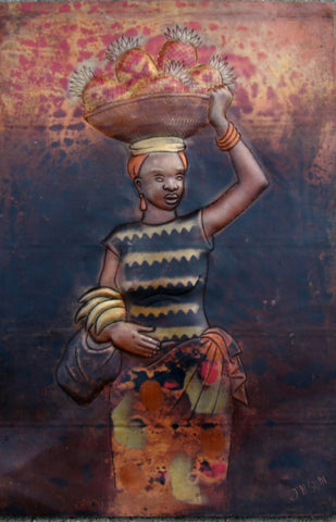 African Copper Art  Woman With Basket of Fruit - Congo DRC - 8" X 12"