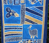 African Batik Zimbabwe 37" X 60" - Elephant  Fish  Guinea Fowl in Abstract Blue Gold White - Cultures International From Africa To Your Home