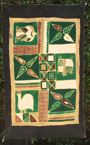 African Batik Zimbabwe 34"X54" - , Guinea Fowl, FishTurtle - Green, White, Gold, Black