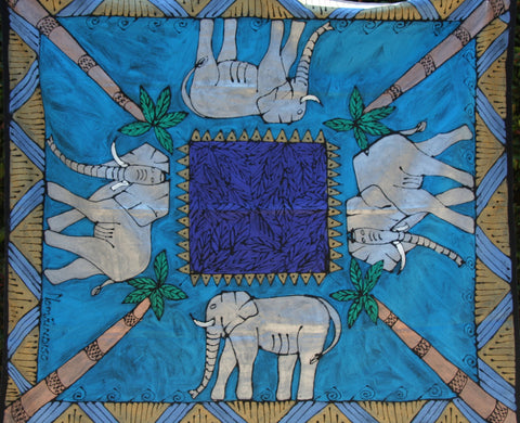 African Handpainted Tablecloth 52"X60" Elephant with Palm Trees - Cultures International From Africa To Your Home African Handpainted Tablecloth 52"X60" Elephant with Palm Trees