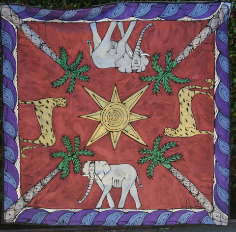 African Handpainted Tablecloth 56"X59" Elephant, Leopard, African Sun