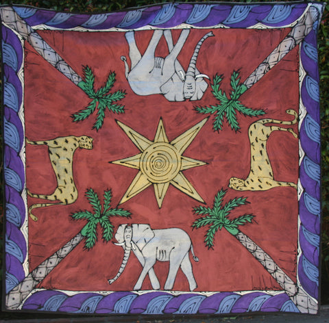 African Handpainted Tablecloth 56"X59" Elephant, Leopard, African Sun - Cultures International From Africa To Your Home African Handpainted Tablecloth 56"X59" Elephant, Leopard, African Sun