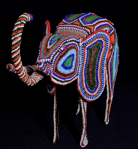 African Elephant Sculpture Beaded Zulu Upturned Trunk Vintage 14"HX26"LX6"W - Handcrafted in South Africa