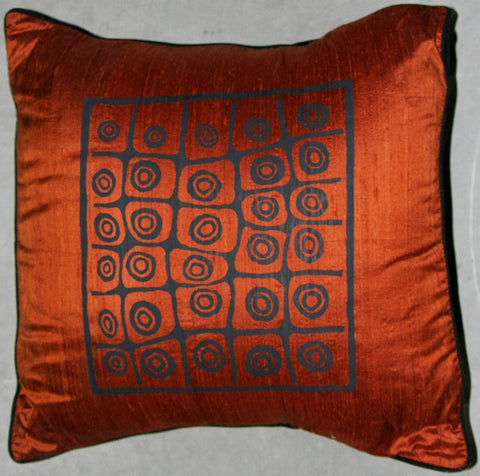 Designer African Raw Silk Pillow Copper and Black 18.5" X 18.5"