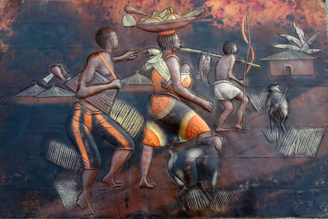 African 3D Copper Art Family Returning Home Congo - 15" H X23 W"