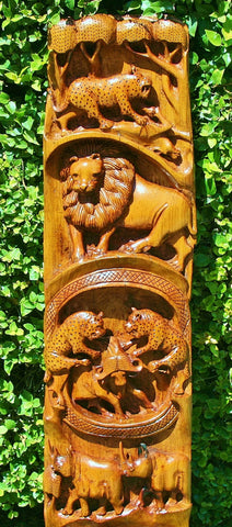 African Olive Wood Carving - Big 5 Elephant, Lion, Buffalo, Leopard, Rhino  45"H X 11" W Zimbabwe - Cultures International From Africa To Your Home African Olive Wood Carving - Big 5 Elephant, Lion, Buffalo, Leopard, Rhino  45"H X 11" W Zimbabwe