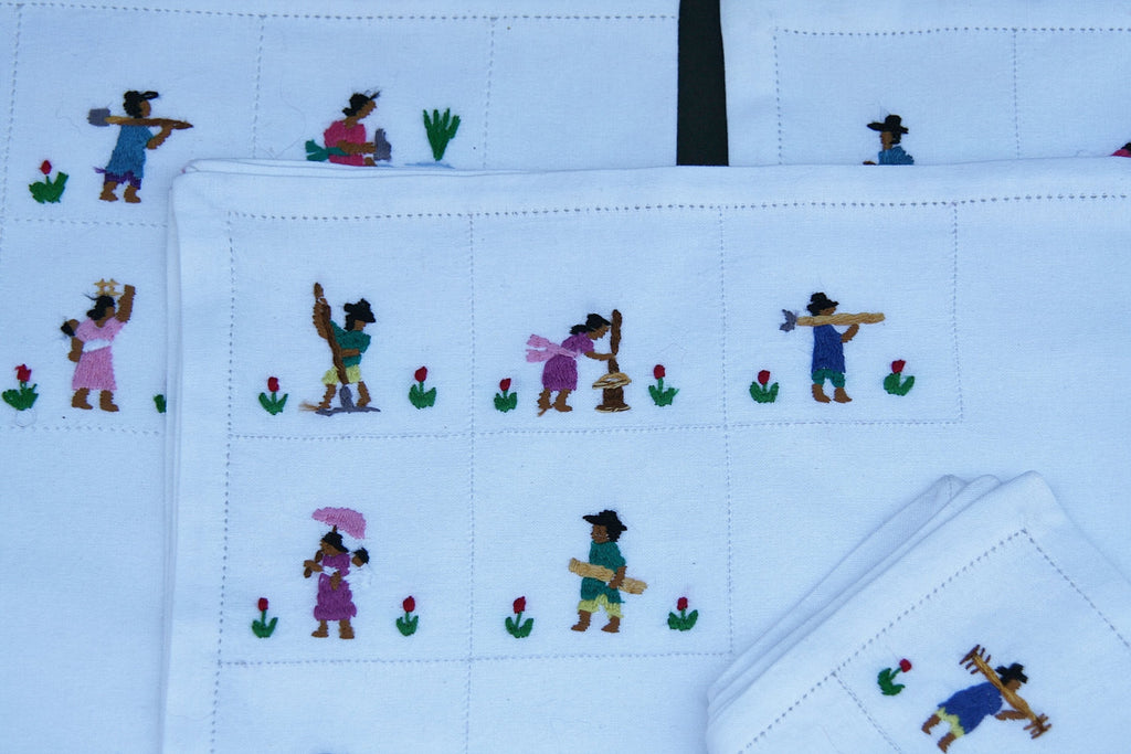 Table Napkins White Petite Embroidery African People Set of 4 - Madagascar - Cultures International From Africa To Your Home