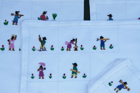 Table Napkins White Petite Embroidery African People Set of 4 - Madagascar - Cultures International From Africa To Your Home Table Napkins White Petite Embroidery African People Set of 4 - Madagascar