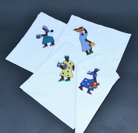 Table Napkins White Embroidered African People Set of 4 - Madagascar - Cultures International From Africa To Your Home Table Napkins White Embroidered African People Set of 4 - Madagascar