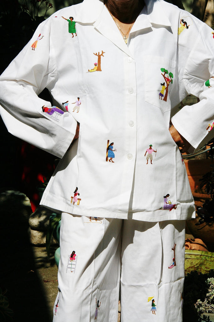 White Lounging Pajamas with Colorful Embroidered African People - Madagascar - Cultures International From Africa To Your Home