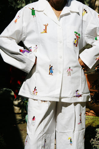 White Lounging Pajamas with Colorful Embroidered African People - Madagascar