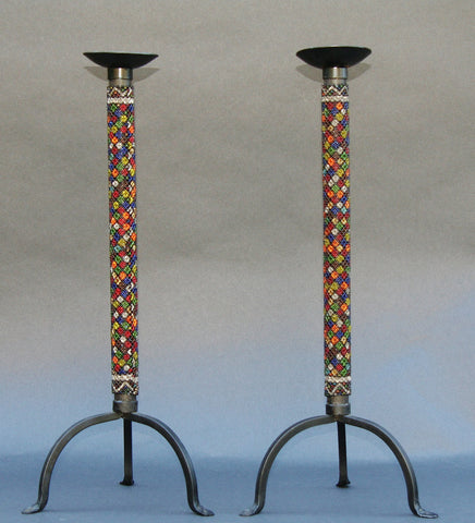 African Beaded Candleholder  Set 2 Multicolor Tribal Design Vintage