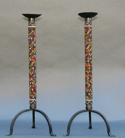 African Beaded Candleholder  Set 2 Multicolor Tribal Design Vintage - Cultures International From Africa To Your Home