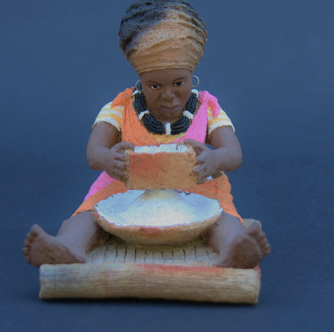 African Figurine Pottery Sculpture Woman Sifting Maize 5" X 5" X4"