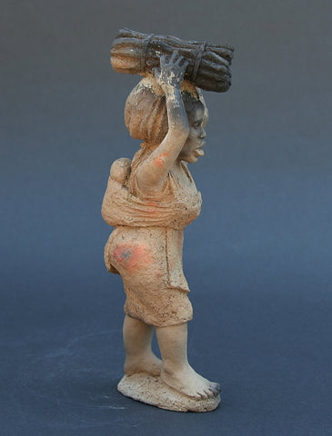 African Sculpture Woman Carrying Firewood with Baby On Back  9.75" X 3.5"