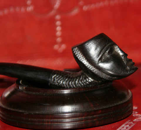 African Mask Pipe and Ashtray Carved Ebony Wood Tanzania