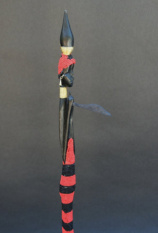 Vintage Beaded African Tribal Stick Doll Female Red/Black Beads Carved Ebony Wood and Bronze  22" H