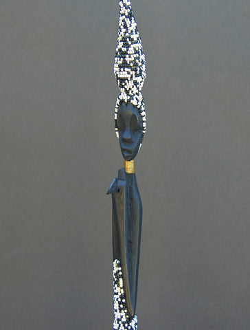 Beaded African Tribal Stick Doll Black/White Beads Ebony Wood 21"H