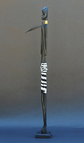 Vintage Beaded African Tribal Stick Doll Male Black/White Beads Carved Ebony Wood and Bronze  20.5" H