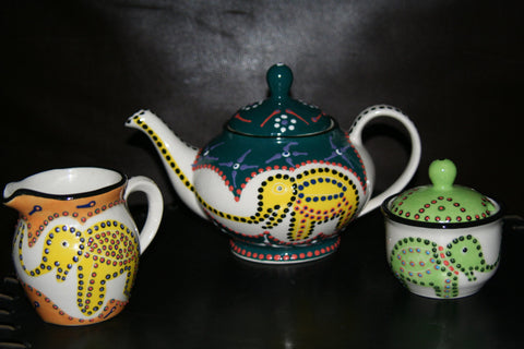 Ceramic Elephant Design Tea Pot Sugar and Creamer 3 Pc Handcrafted South Africa