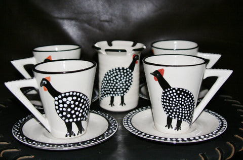Ceramic Tea/Coffee Set Guinea Fowl Spoon Caddy 9 Pc. South Africa - Cultures International From Africa To Your Home Ceramic Tea/Coffee Set Guinea Fowl Spoon Caddy 9 Pc. South Africa