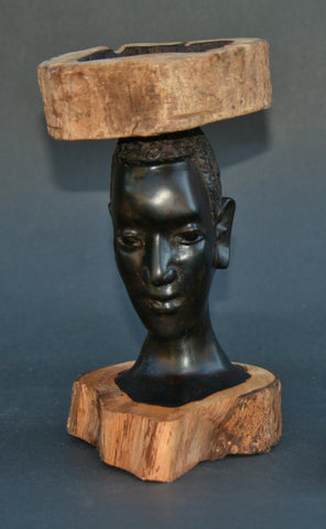 African Makonde Raw Ebony Wood Carved Sculpture Tribal Bust Ashtray - Tanzania - Cultures International From Africa To Your Home