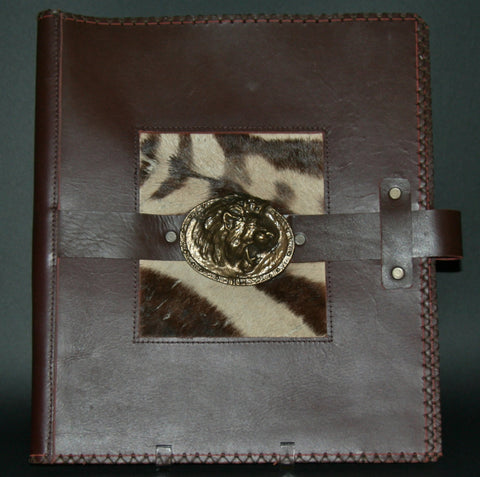 Leather Album Portfolio Cover Zebra Inlay Large Lion Medallion Brown