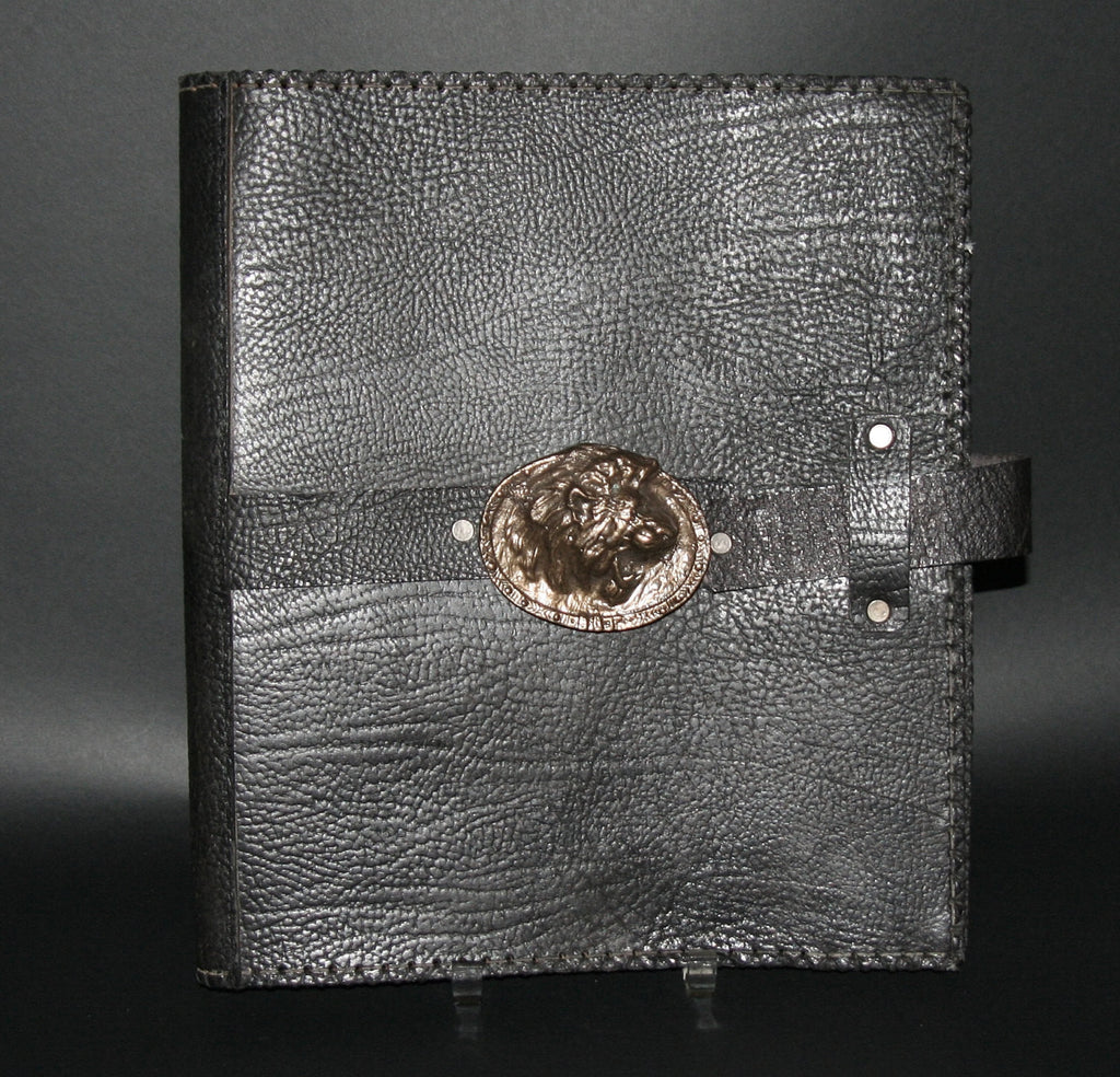 Leather Black Album Portfolio Cover Bronze Rhino Medallion - Cultures International From Africa To Your Home
