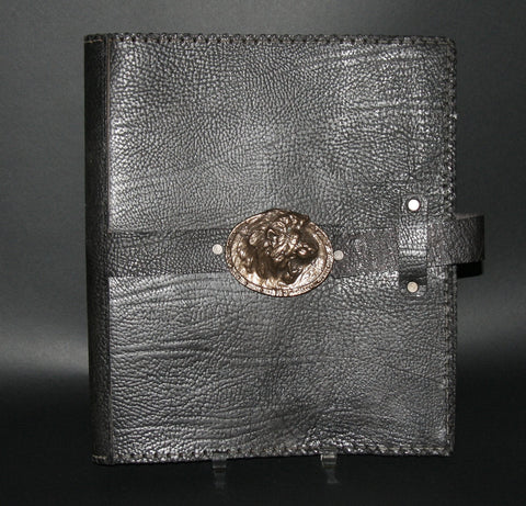 Leather Black Album Portfolio Cover Bronze Rhino Medallion - Cultures International From Africa To Your Home
