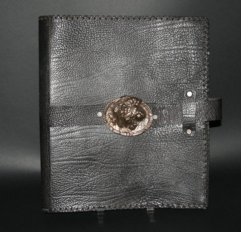 Leather Black Album Portfolio Cover Bronze Rhino Medallion - Cultures International From Africa To Your Home Leather Black Album Portfolio Cover Bronze Rhino Medallion