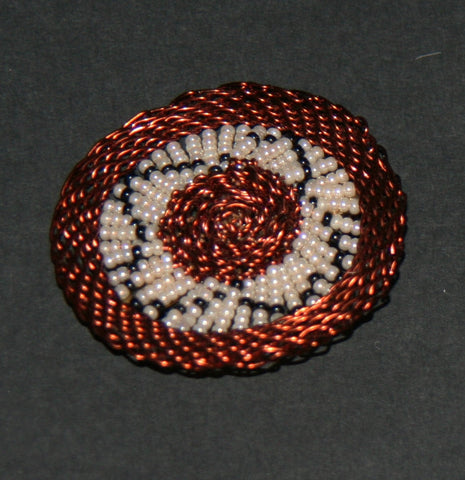 Beaded Brooch Pin Copper Wire and Glass Beads White Black Handmade 2" D