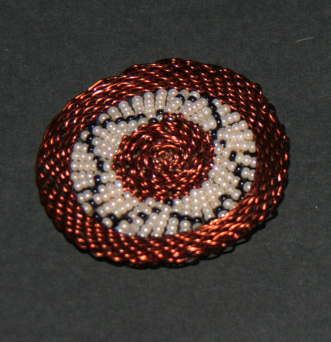 Beaded Brooch Pin Copper Wire and Glass Beads White Black Handmade 2" D - Cultures International From Africa To Your Home Beaded Brooch Pin Copper Wire and Glass Beads White Black Handmade 2" D