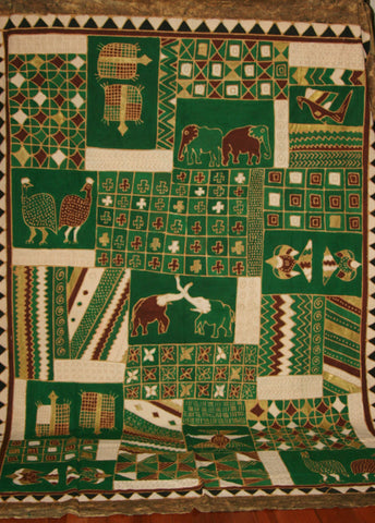 African Batik Elephant, Turtle, Guinea Fowl, Tapestry/Fabric Green Cocoa Gold Cream Zimbabwe 84"W X 117"L - Cultures International From Africa To Your Home