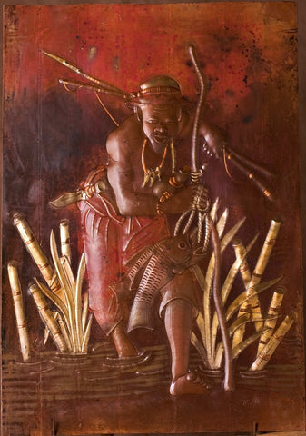 African Copper Art Fisherman In the Reeds With His Catch - Congo 15.75" X 22.75"