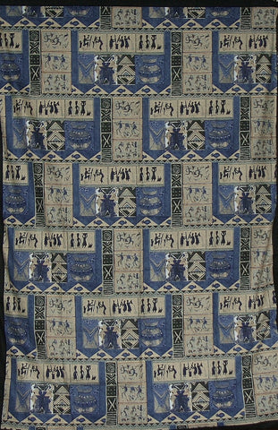 Zimbabwe Village Scenes Fabric Art Blue 56" X 80" - Cultures International From Africa To Your Home Zimbabwe Village Scenes Fabric Art Blue 56" X 80"