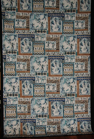 African Bushman Hunters Screen Print Zimbabwe Fabric Blue Brown White Black 60" X 84" - Cultures International From Africa To Your Home African Bushman Hunters Screen Print Zimbabwe Fabric Blue Brown White Black 60" X 84"