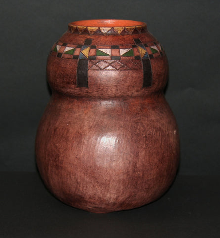 African Pot with Ancient Tsonga Pedi Patterns Sculptured Double Calabash Shape 10.5" H X 9" W  26" C