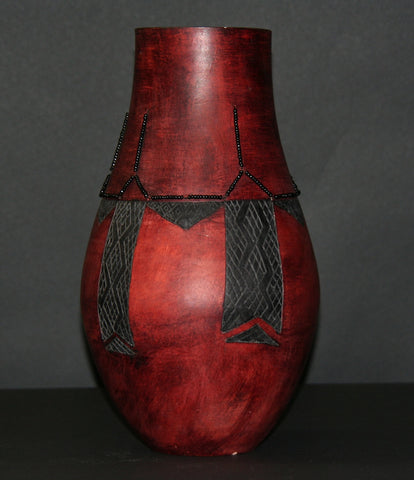 African Clay Red Black Vase Tribal Design Black Beads Handcrafted  13" H X 9" W