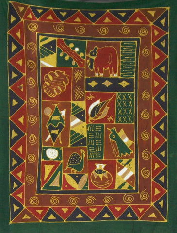 African Batik Tapestry Fabric Red Brown Green Gold  58" X 75" Handmade Zimbabwe - Cultures International From Africa To Your Home African Batik Tapestry Fabric Red Brown Green Gold  58" X 75" Handmade Zimbabwe