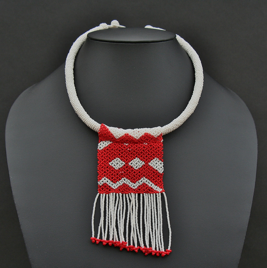 African Zulu Love Letter Beaded Necklace Red on White - Cultures International From Africa To Your Home