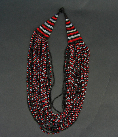 African Red, White, Black, Silver Beaded Cascade Necklace Tribal Design