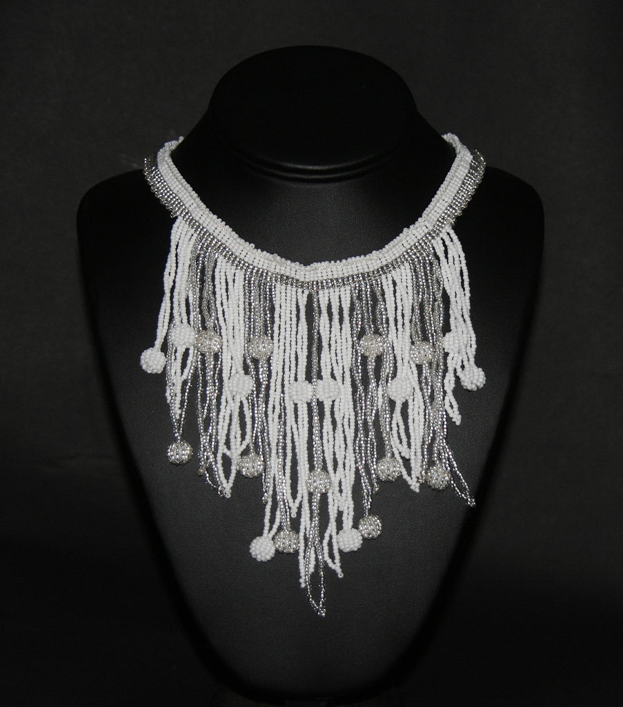 African Choker Beaded Cascade Necklace White Silver - Cultures International From Africa To Your Home