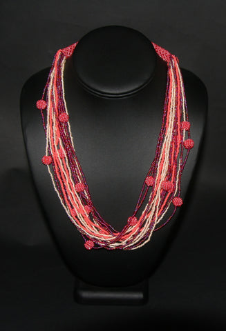 African Seed Bead Woven Necklace Orange Burgundy Pearl