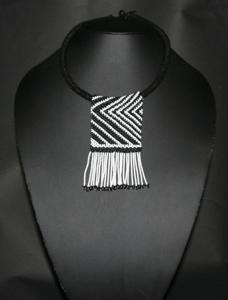 African Zulu Love Beaded Necklace Black White Beaded Fringe - Cultures International From Africa To Your Home