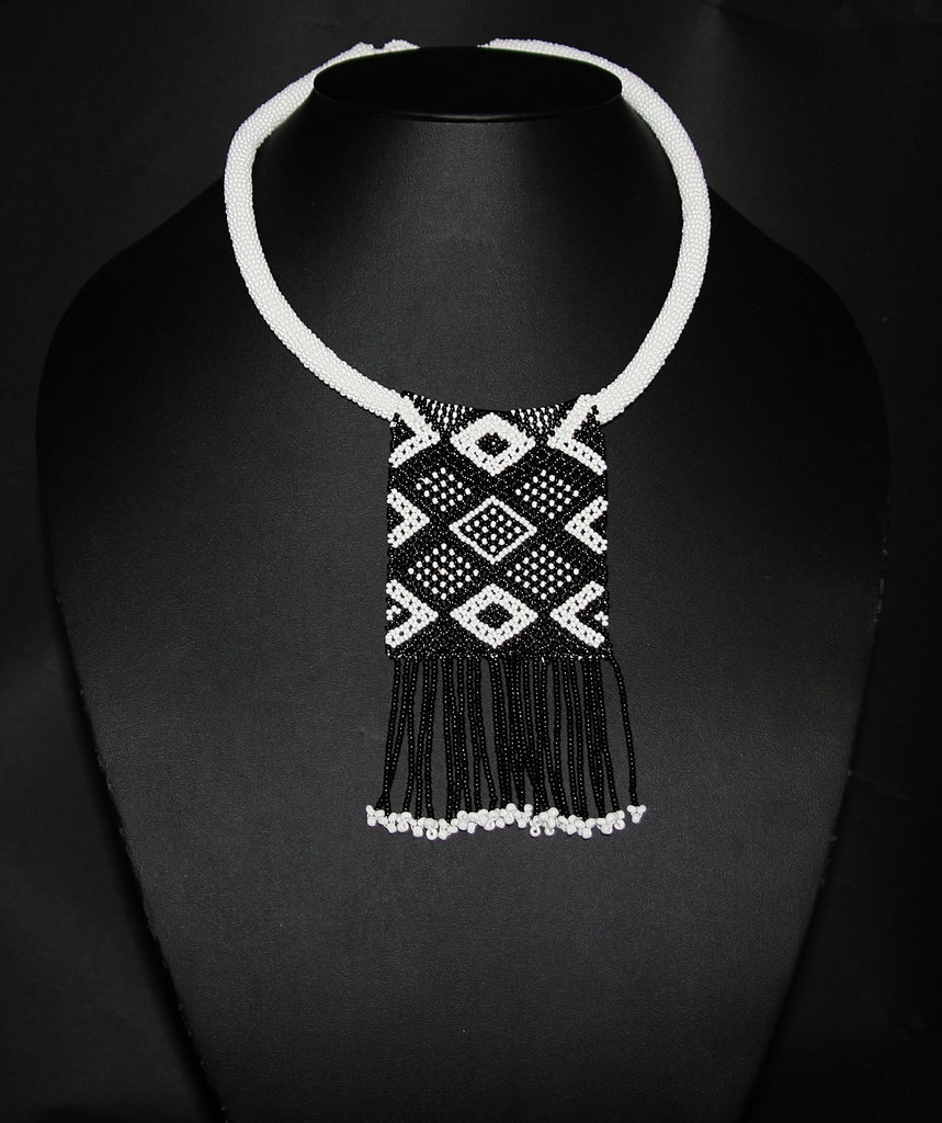 African Love Letter Beaded Necklace Black on White Beaded Fringe - Cultures International From Africa To Your Home